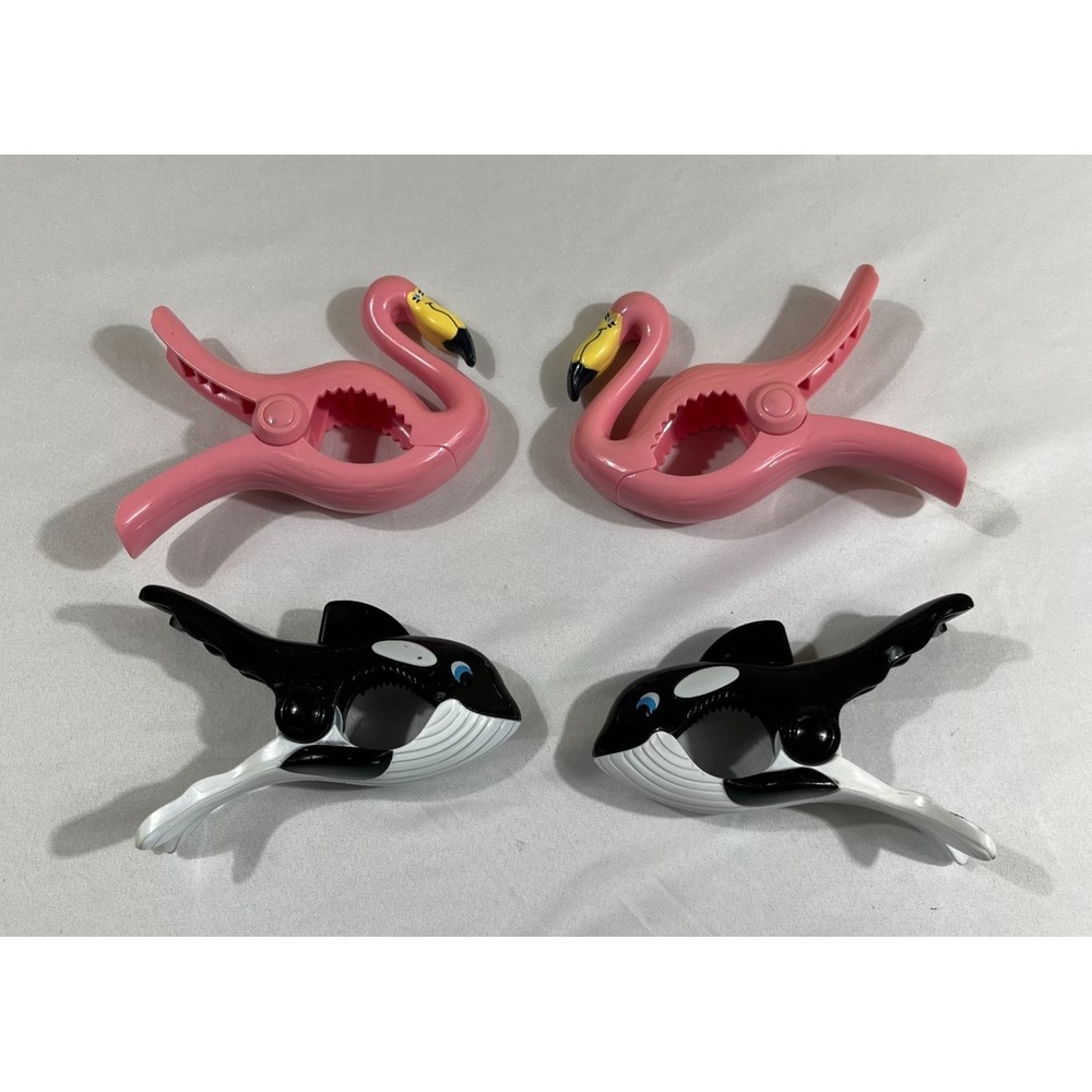 4pc Flamingo & Whale Beach Towel Clips Tropical Coastal Pool Chair Accessories